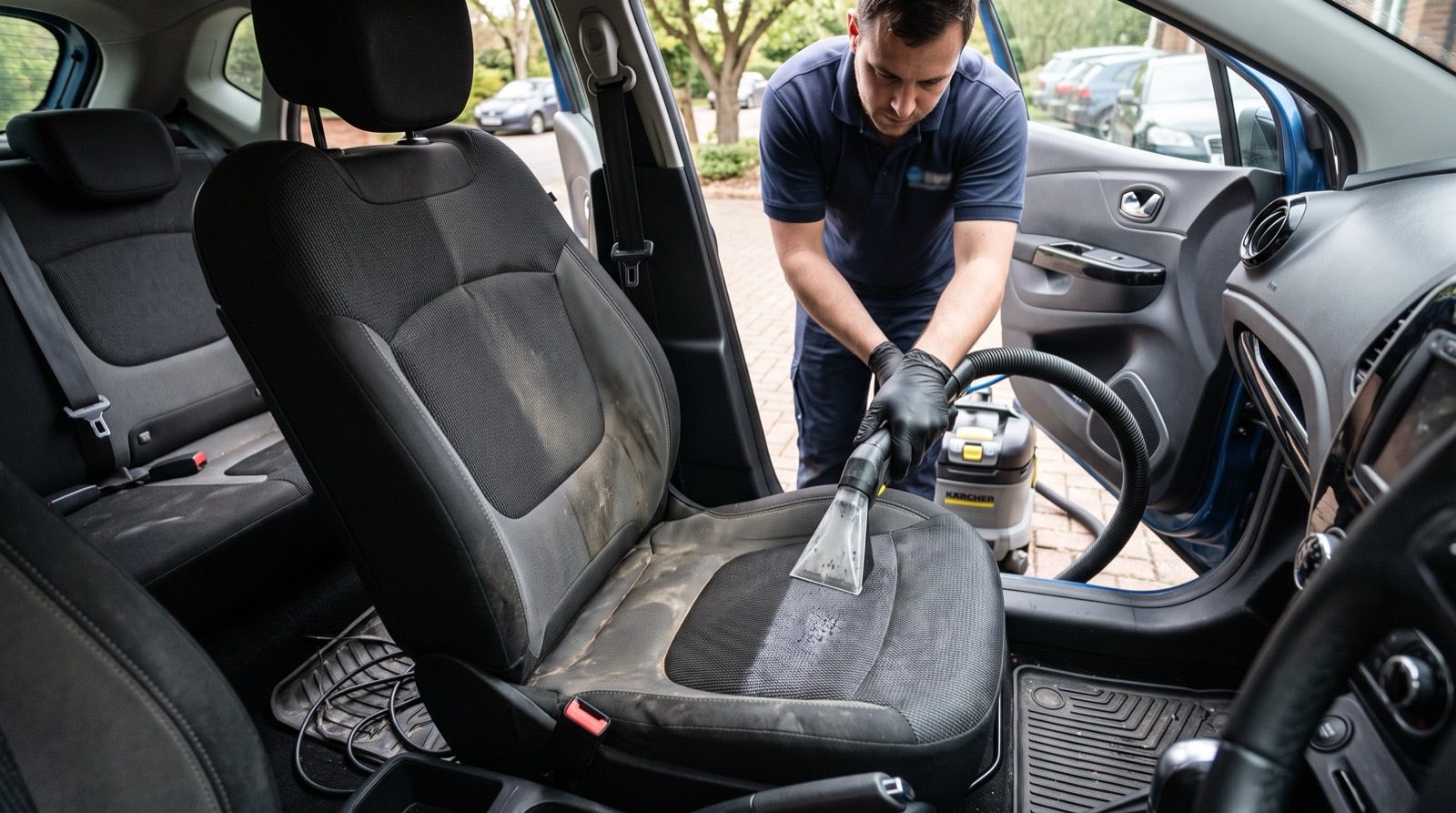 Nettoyage intérieur en profondeur réalisé dans l'atelier Bouchy Automobiles à Grièges
